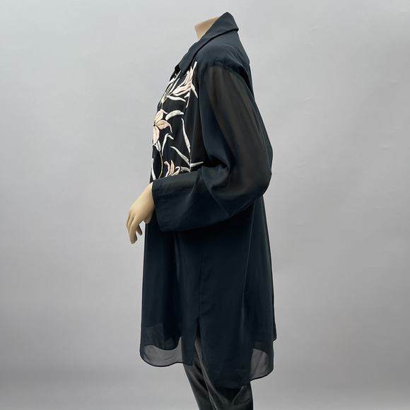 Natori Saks Tunic Top Women S Black Sheer Floral Embroidered Button Up READ - Picture 4 of 10